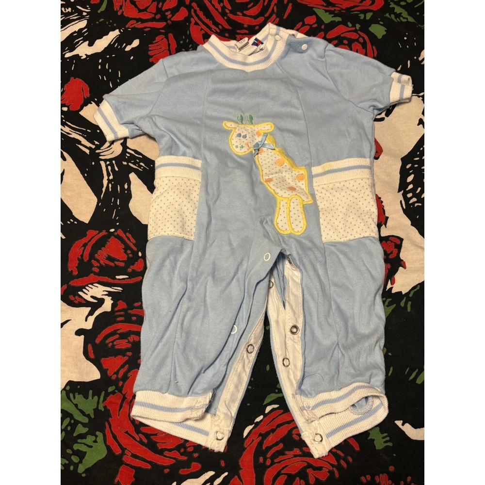 Vintage Doe-Spun Baby Giraffe Romper Blue Velour Snaps Made in USA 6-9 Months